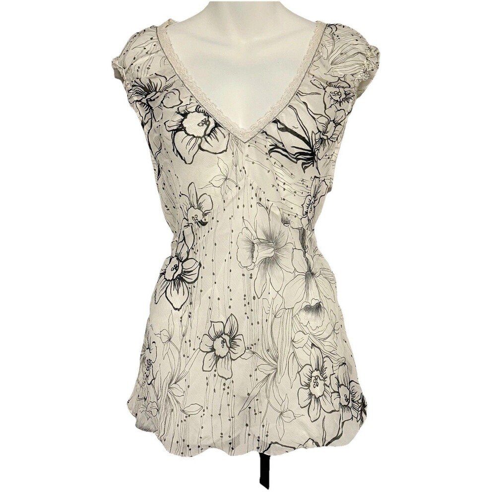 Vintage The Limited 100% Silk Babydoll Blouse Sz L Floral Sheer Tie Back Y2K